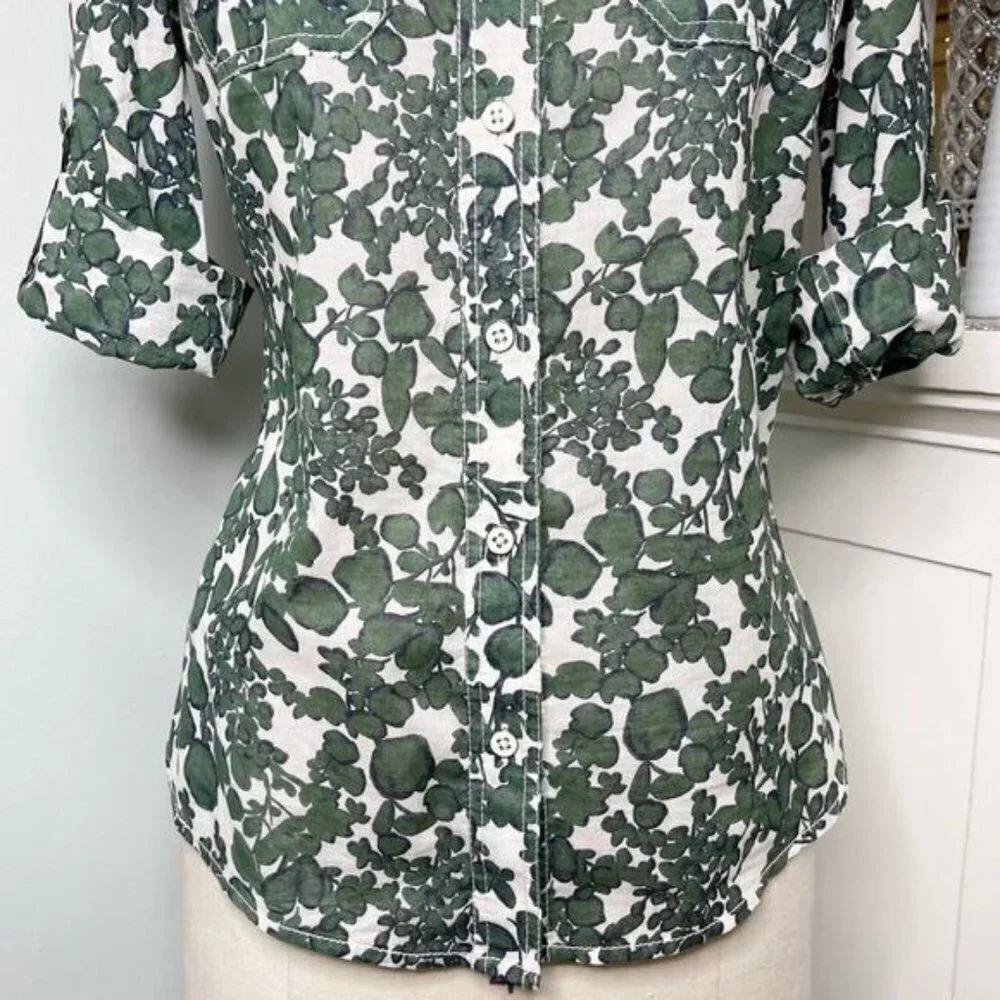 Tory Burch Issy Vine Leaf Print Button Down Shirt Utility Roll Tab 2 XS